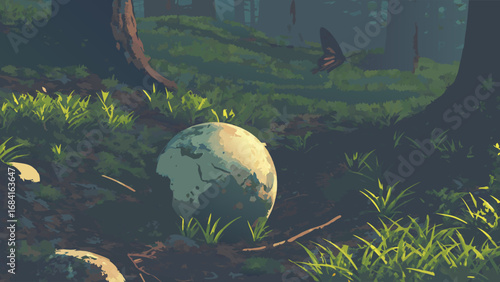 A stylized Earth nestled in a forest floor.
