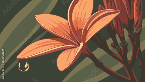 Close-up of an orange flower with a dewdrop stylized illustration botanical art.