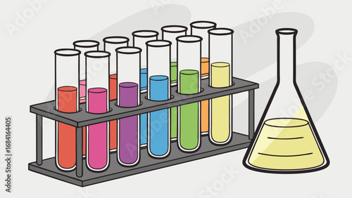 Colorful Test Tubes and Flask in a Stand.