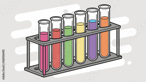 Illustration of test tubes with colored liquids in a rack.