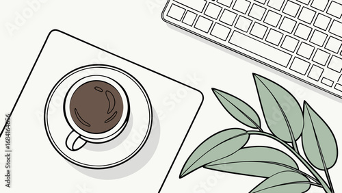 Simple Workspace with Coffee and Plants.