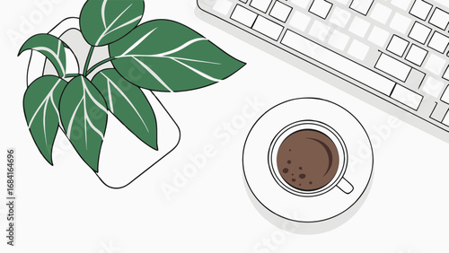 Flat lay of coffee cup keyboard and plant on a white table minimalist style illustration.