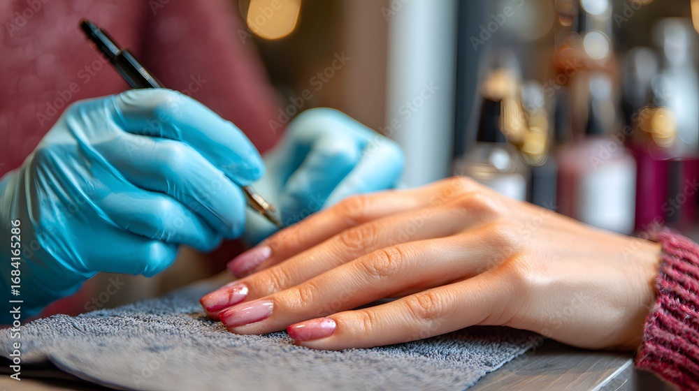 Fototapeta premium Close-up of manicurist applying detailed nail art with a fine tool, wearing gloves, on a client's hand over a soft grey towel.