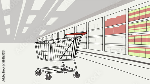 Empty Shopping Cart in Grocery Aisles.