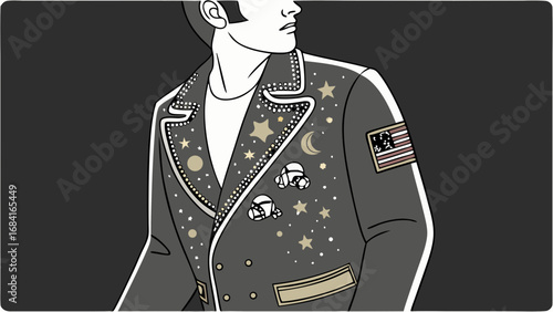 Stylish Embroidered Jacket Design Celestial Theme Fashion Illustration Apparel Graphic Space Decor Galaxy Print Clothing Pattern Mens Fashion Astronaut Patch Starry Night Modern Apparel Textile Desig.
