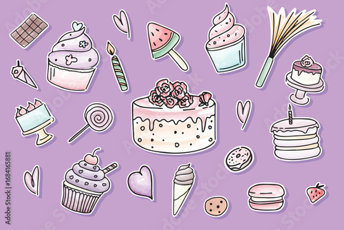 Birthday Sweets Doodle Sticker Pack – Vector Illustration. EPS