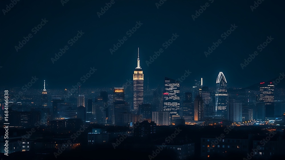 Fototapeta premium A city skyline illuminated at night with long exposure and deep blue tones.