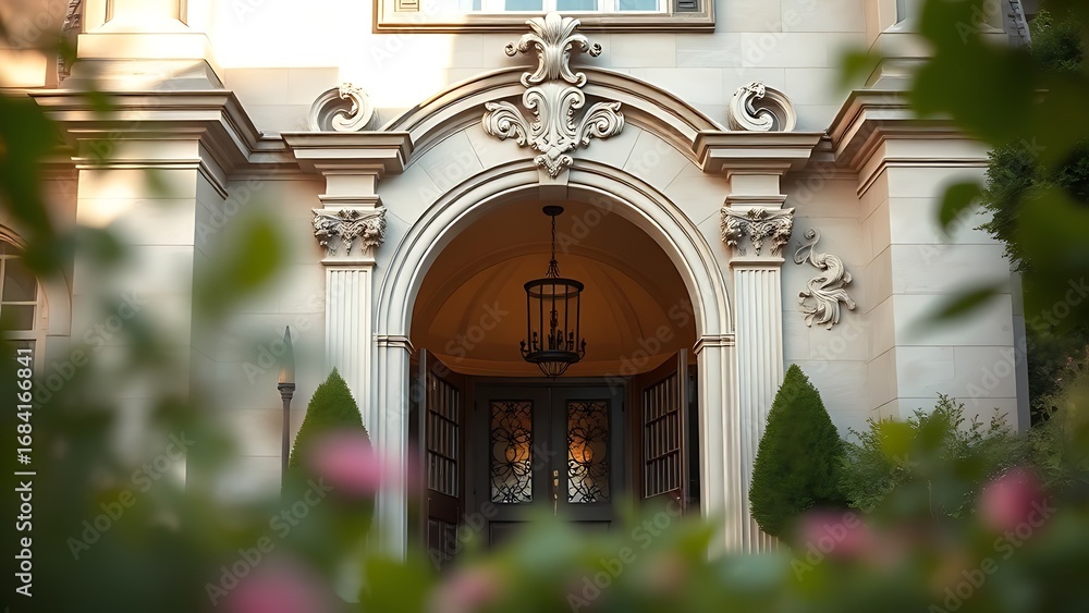 Obraz premium Ornate mansion entrance archway bathed in soft daylight, with a blurred garden in the foreground.