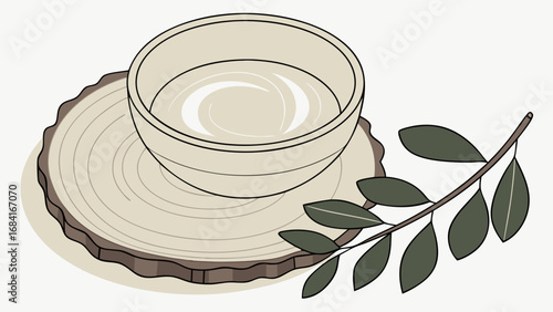 Stylized artwork featuring a bowl with a wood slice and sprig.