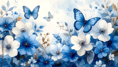 dreamy watercolor blue white flowers butterflies