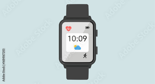 A modern black smartwatch displaying the time, weather, and fitness tracking icons on its screen.