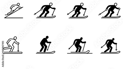 Set of eight skier icons in line and silhouette styles.