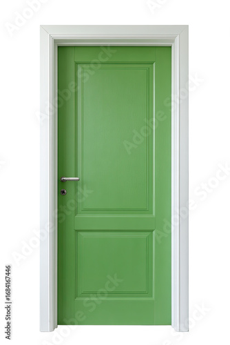 A vibrant lime green door with a white frame.  Simple  classic design
