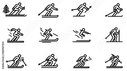 A collection of black line icons showing various skiing poses and actions.