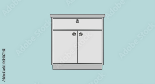 A simple illustration of a white cabinet with a drawer and two doors, set against a light blue background.