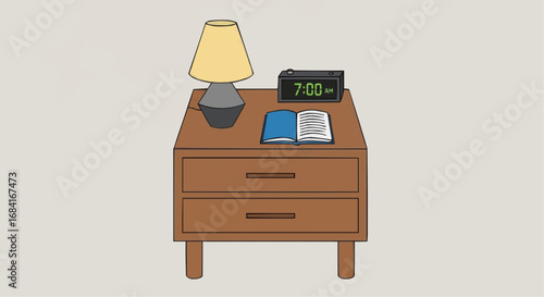 A brown nightstand with a lamp, digital alarm clock, and an open book on a light background.