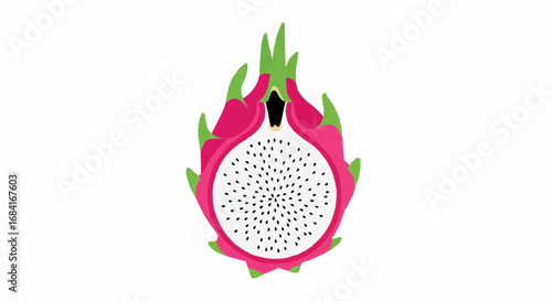 Illustration of a dragon fruit cut in half, showing the white flesh and black seeds, surrounded by pink skin and green scales.