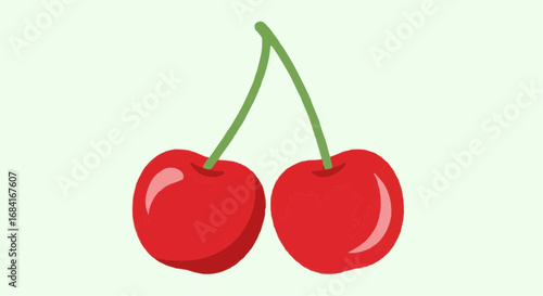 Two ripe red cherries on a single stem.