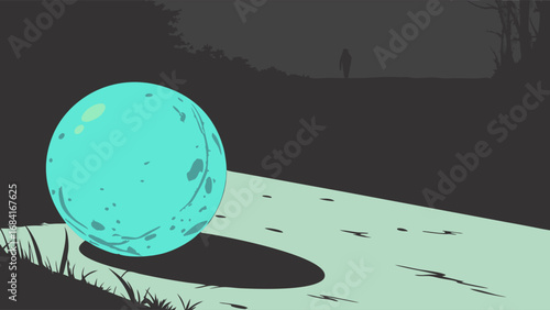 Abstract illustration of a teal sphere on a surface with a dark background and a solitary figure in the distance.