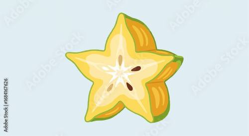 A vibrant illustration of a sliced yellow star fruit, or carambola, revealing its star shape and seeds against a light blue background.