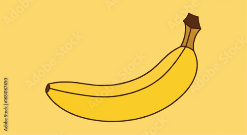 Illustration of a ripe banana with a yellow peel and brown stem on a yellow background.