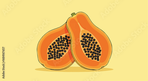A vibrant vector illustration of a ripe papaya cut in half, showcasing its orange flesh and black seeds against a solid yellow background.