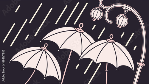 Rainy Day Illustration Umbrellas and Street Lamps.