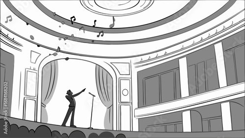 A Singer Performing on Stage with Musical Notes Floating in the Air.