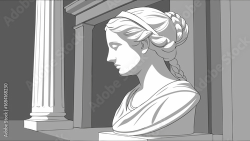 Classical Bust Sculpture in Architectural Setting Grecian Style Monochrome Illustration.