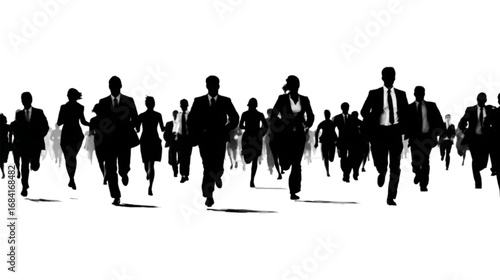 Silhouettes of a large crowd of business people running forward.