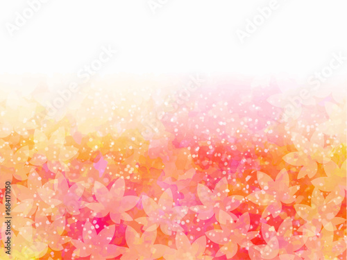 秋の紅葉のイメージの背景素材。水彩風テクスチャー。紅葉の葉っぱのシルエット。ふんわりした光の輝き。コピースペース。