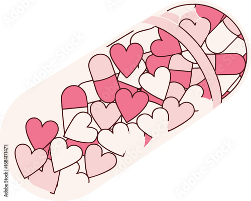 Heart-Shaped Pills in Capsule Illustration Symbolizing Affectionate Medication and Caring Treatment for Emotional Health