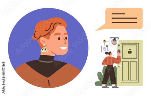 Face recognition profile, woman at smart door with screen, and chat bubble. Ideal for technology, home security, smart devices, innovation, biometrics modern lifestyle privacy. Simple flat metaphor
