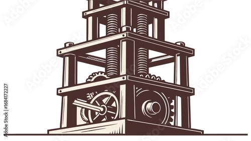 Vintage Industrial Machine with Gears and Springs Mechanical Engineering Illustration Steampunk Design.