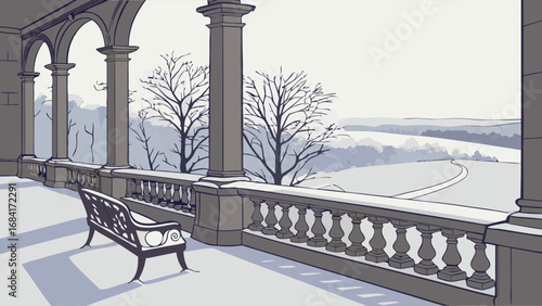 Winter Balcony View with Snow-Covered Landscape.