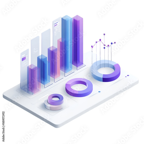 Isometric 3D data visualization with bar and donut charts for business analytics.