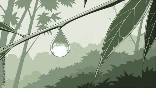 A Dewdrop Hanging from a Branch in a Misty Forest.