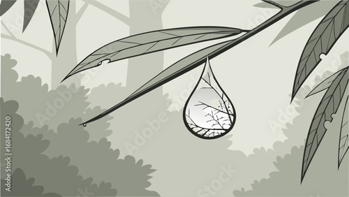 Water droplet on leaf nature illustration forest background dew drop plant vegetation botanical ecology environmental abstract artistic design element graphic monochrome grey green serene calm peacef.