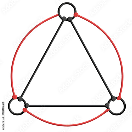 Abstract geometric triangle with red arcs and black loops.