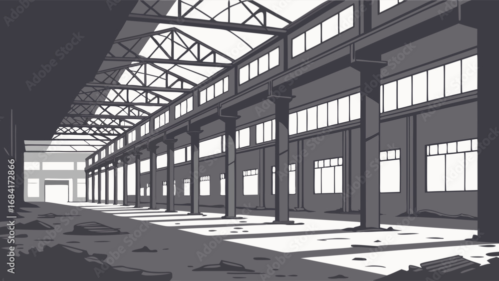 Obraz premium Abandoned Factory Interior Industrial Building Decayed Structure Post-Apocalyptic Scene Grungy Warehouse Architectural Design Steel Structure High Ceiling Large Windows Empty Space Urban Decay Indust.