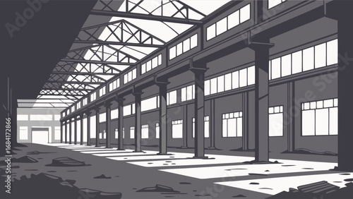 Abandoned Factory Interior Industrial Building Decayed Structure Post-Apocalyptic Scene Grungy Warehouse Architectural Design Steel Structure High Ceiling Large Windows Empty Space Urban Decay Indust.