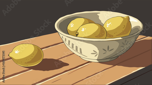 Still life of lemons in a bowl on a wooden table.
