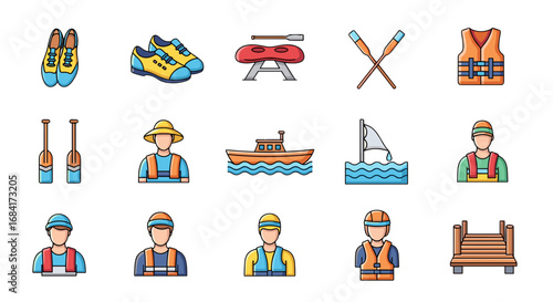 Illustration of boating equipment and people in safety vests