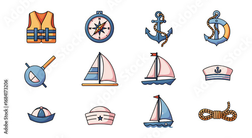 Collection of nautical themed icons including boats and gear