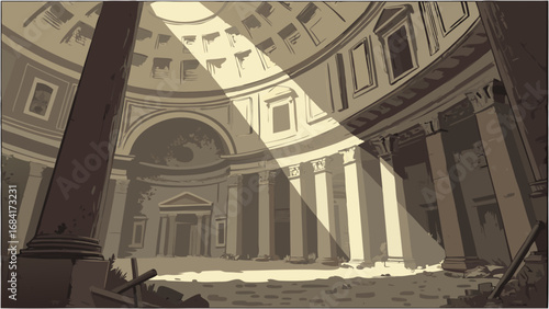 Ancient Ruins Interior Sunlit Columns Historical Architecture Damaged Structure Antique Temple Classical Design Stone Pillars Decaying Building Game Background Movie Scene Book Illustration Vintage S.