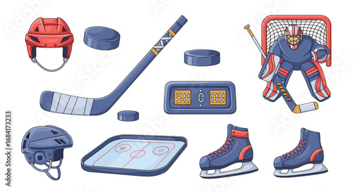 Collection of hockey equipment and player with net cartoon