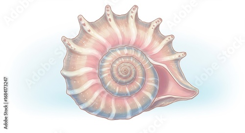 Watercolor illustration of a spiral seashell with marine life, coastal decor, and ocean.