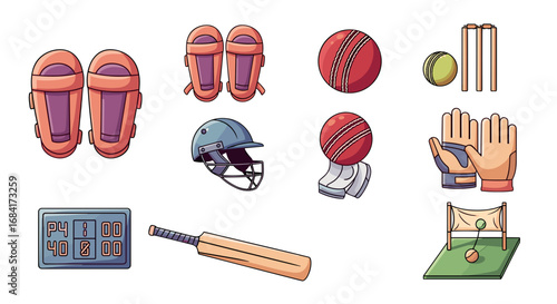 Illustration of cricket equipment and training accessories