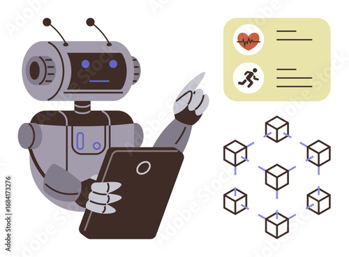 Robot holding a tablet, interpreting health data and analyzing blockchain networks. Ideal for AI, technology, health monitoring, blockchain, automation, innovation, simple flat metaphor