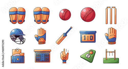 Illustration of cricket equipment including bat ball and helmet